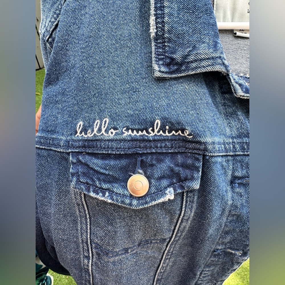 Classic Blue Denim Jacket with Hello Sunshine Embroidered Detail